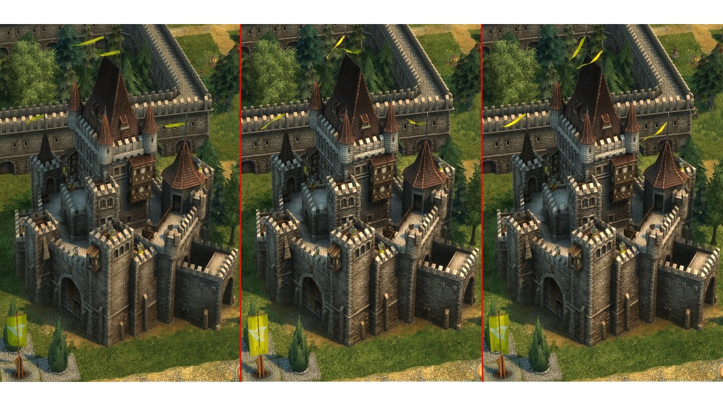 Burg ohne, mit Normal-Mapping und zusätzlichem Parallax-Mapping