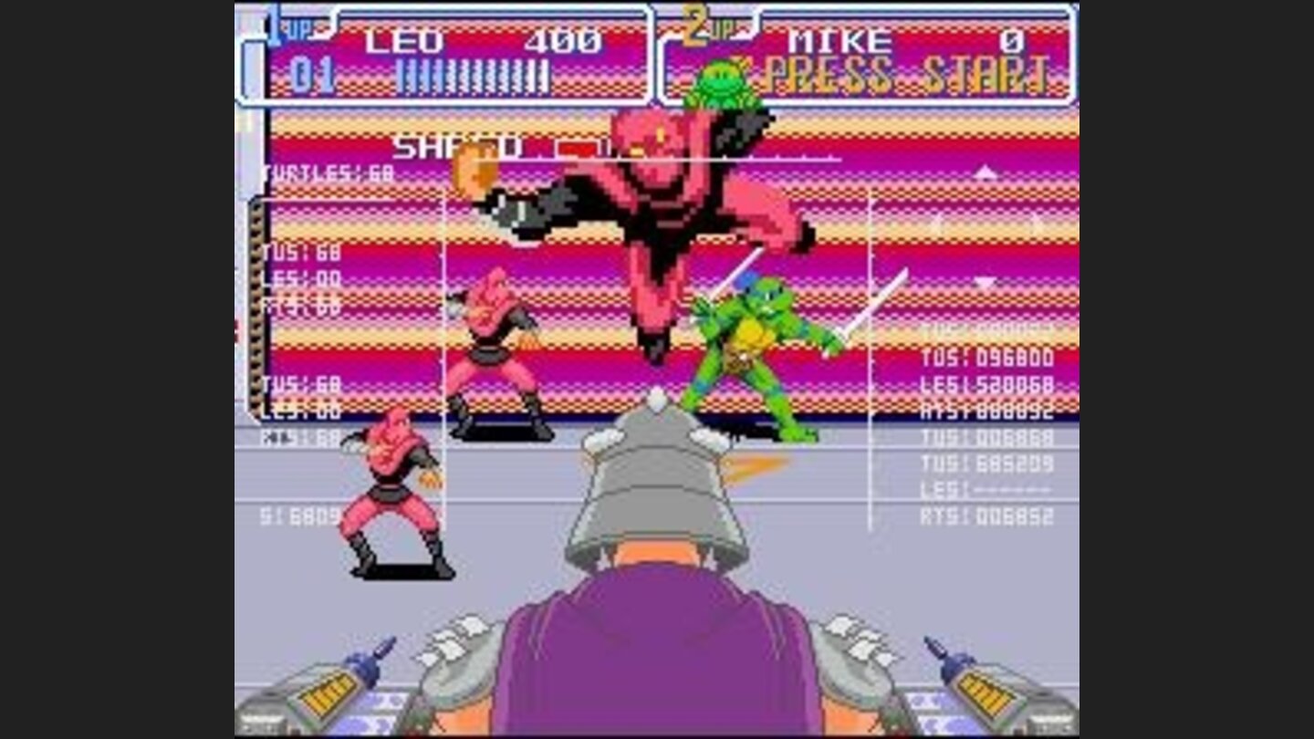 The first fight against Shredder - to defeat him, you must throw his Foot Soldiers at him