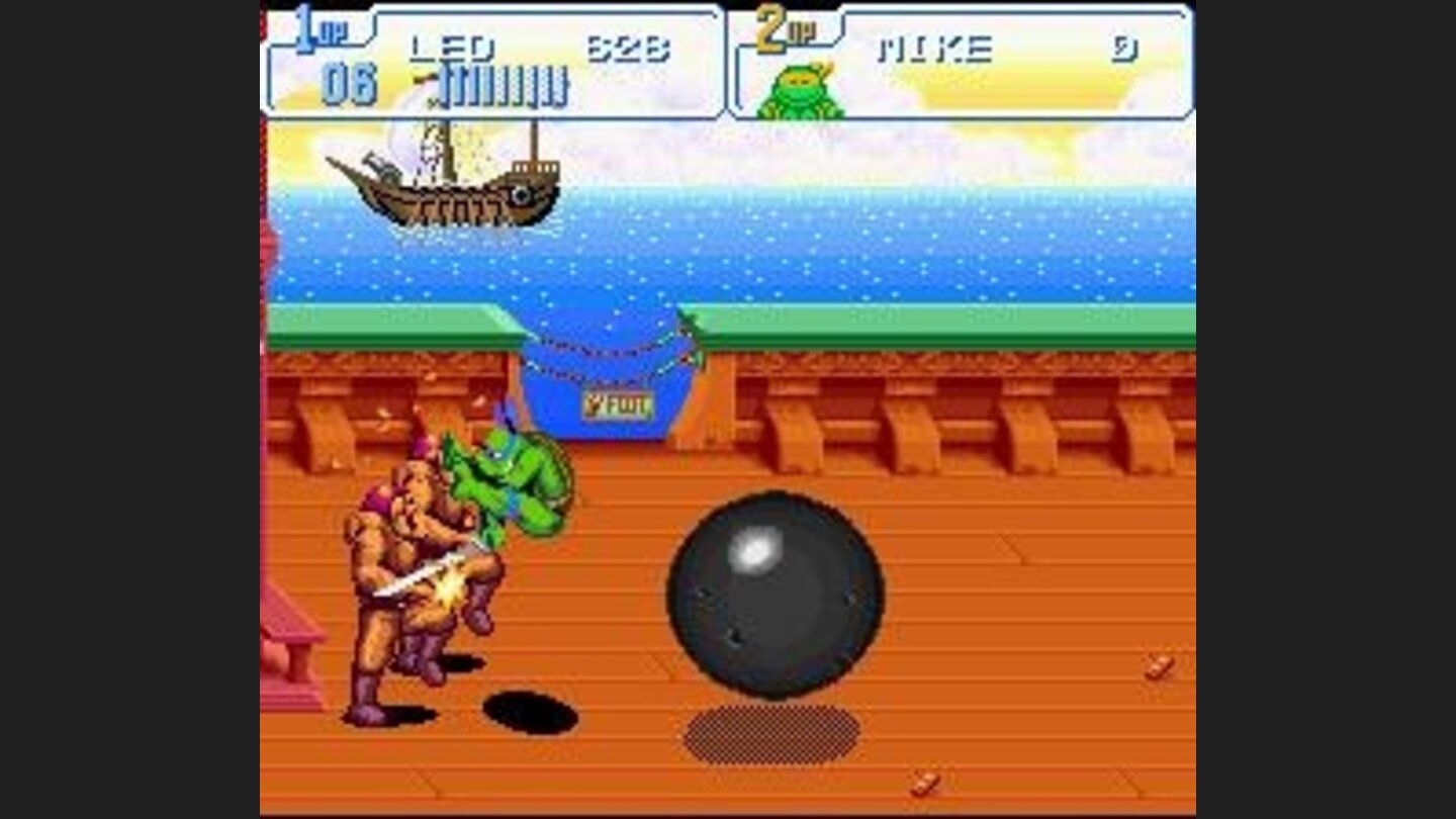 While fighting some Stone Warriors, the ship in the background fires some over-sized cannonballs at leo