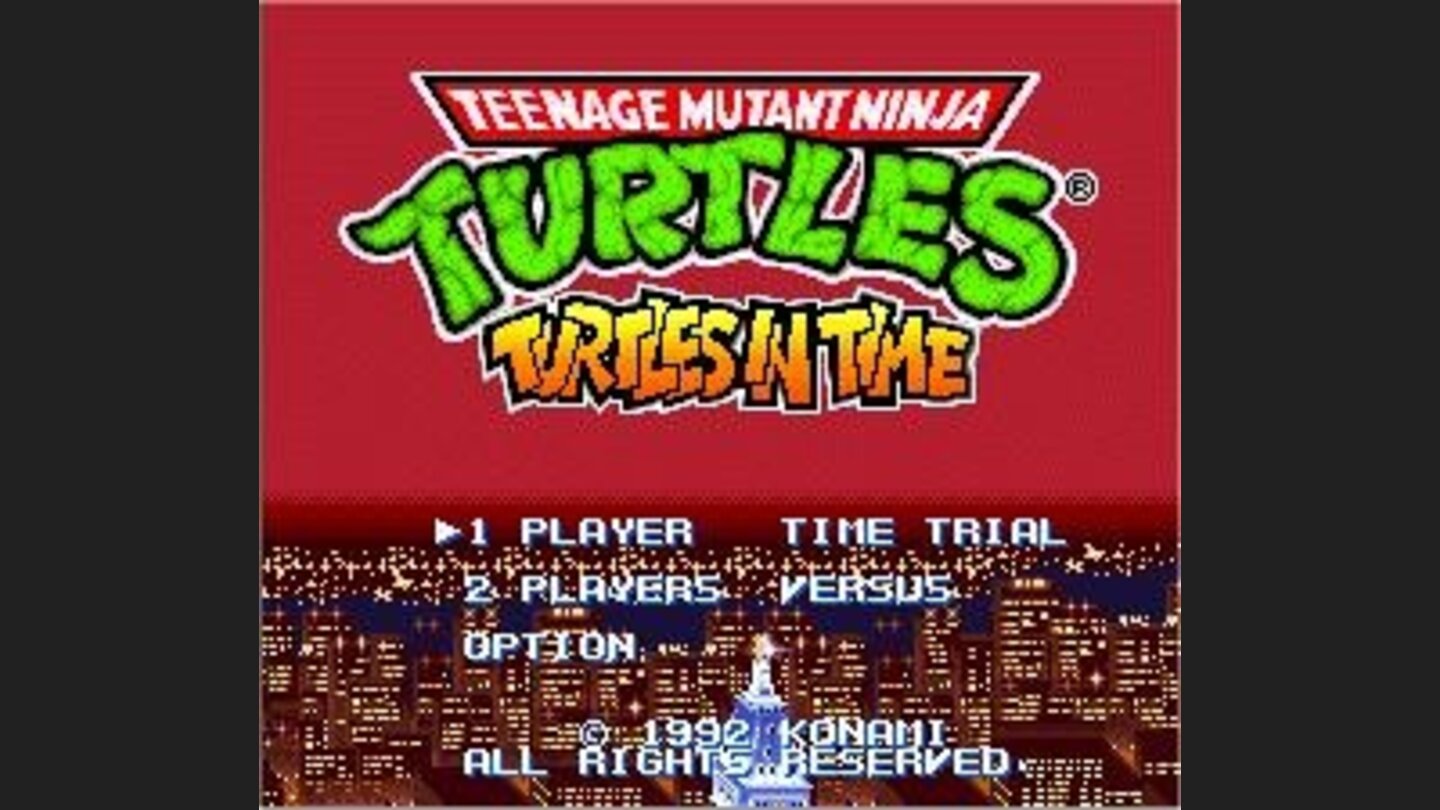 Turtles In Time titlescreen. You can choose different game modes: 1 or 2 players, time trial and versus.