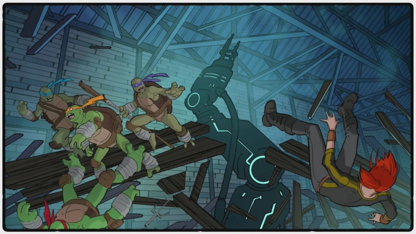 Teenage Mutant Ninja Turtles: Out of the ShadowsSchade: Die Zwischensequenzen sind nicht animiert, sondern bestehen aus statischen Comic-Bildchen, die sich schnell wiederholen.