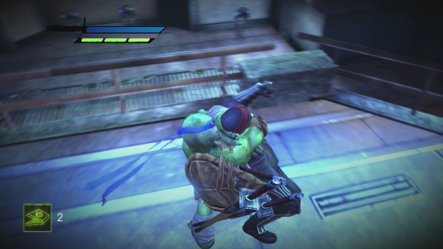 Teenage Mutant Ninja Turtles: Out of the ShadowsWer mag, kann sich an einige Gegner auch heranschleichen, um sie unbemerkt auszuschalten. Das funktioniert aber eher schlecht als recht.