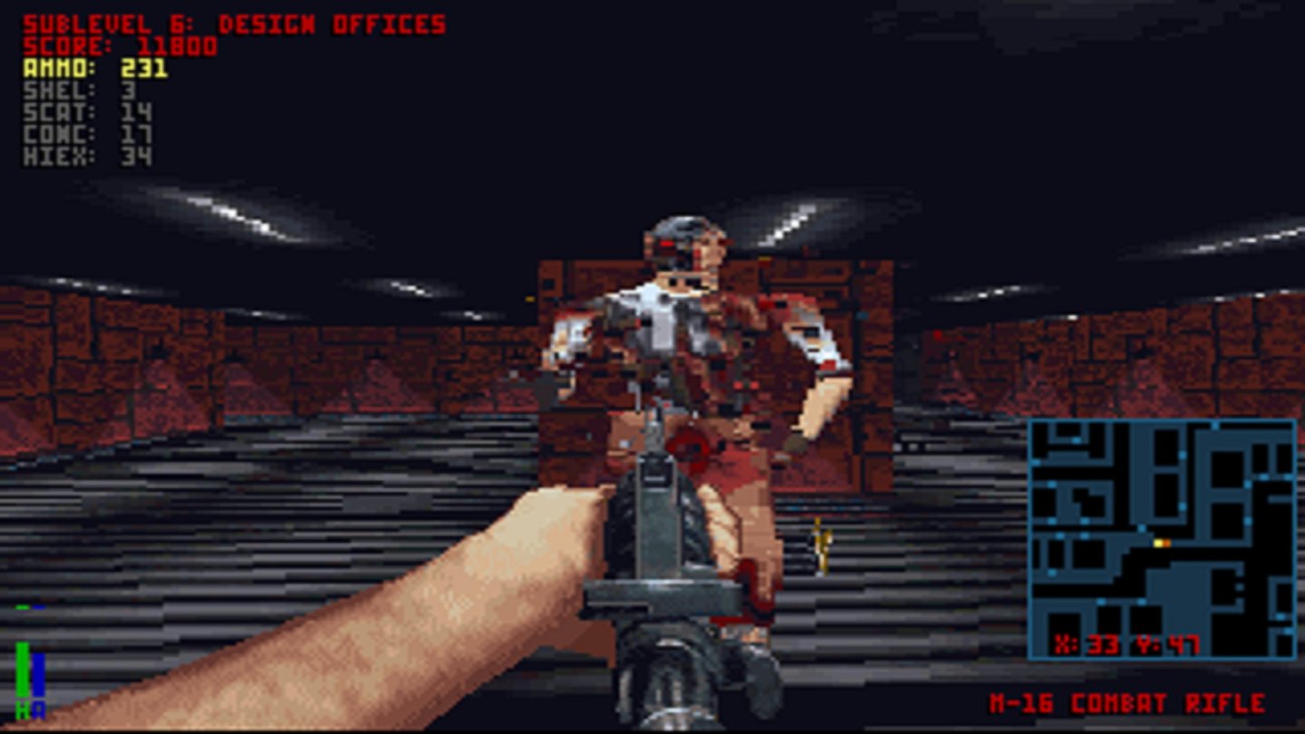 Terminator Rampage (1993, DOS)
Rampage war nach der Umsetzung von 1990 und Terminator 2029 bereits das dritte Terminator-Spiel von Bethesda, aber der erste von drei klassischen Ego-Shootern im modernen Sinne. In 32 Leveln, die die 32 Stockwerke des Cyberdyne-Forschungshauptquartiers repräsentieren, muss der Spieler in Doom-Manier gegen allerlei kybernetische Gegner und Roboter kämpfen. Besonders innovativ war das Spiel nicht: Der Vorwurf, dass es sich nur um einen Wolfenstein- bzw. Doom-Klon handelte, traf zu. Das war aber noch das geringste Problem.