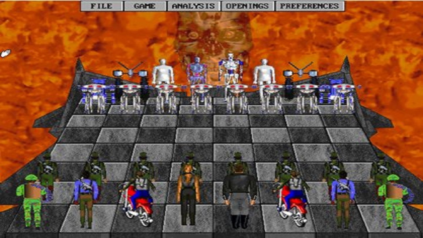Terminator 2 Judgment Day - Chess Wars (1993, DOS)
Ein Kuriosum: Terminator-2-Schach. Figuren aus dem Film bilden die Schach-Armeen auf dem Judgment-Day-Spielbrett, in der Aufstellung Maschinen gegen Menschen. Auf der Seite der Rebellen dienen Sarah Connor und der T-800 als König und Dame, während zwei John Connors die Läufer darstellen. Auf Seiten der Maschinen fehlt allerdings der T-1000, stattdessen gibt es graue Roboter.