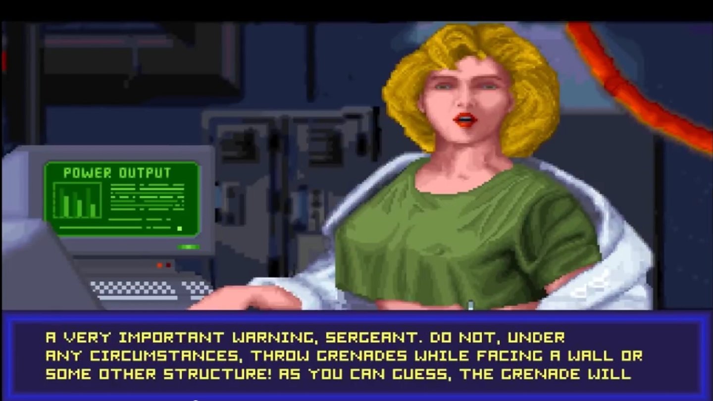The Terminator 2029 (1992, DOS)
Zwischen den Missionen gab es Einsatzbesprechungen mit verschiedenen Mitgliedern des Widerstands. Ob ein Spiel auch heute noch so deutlich auf das Fehlen von Unterwäsche verweisen würde, ist allerdings fraglich.