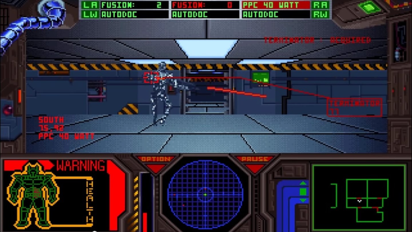 The Terminator 2029 (1992, DOS)
Da es keine Möglichkeit gab, Beschuss durch einen FPS-üblichen Sidestep auszuweichen, gerieten die Kämpfe hier schnell zum hektischen Mausmassaker - die Gegner mussten totgeklickt werden, bevor sie zu viel Schaden anrichten konnten.