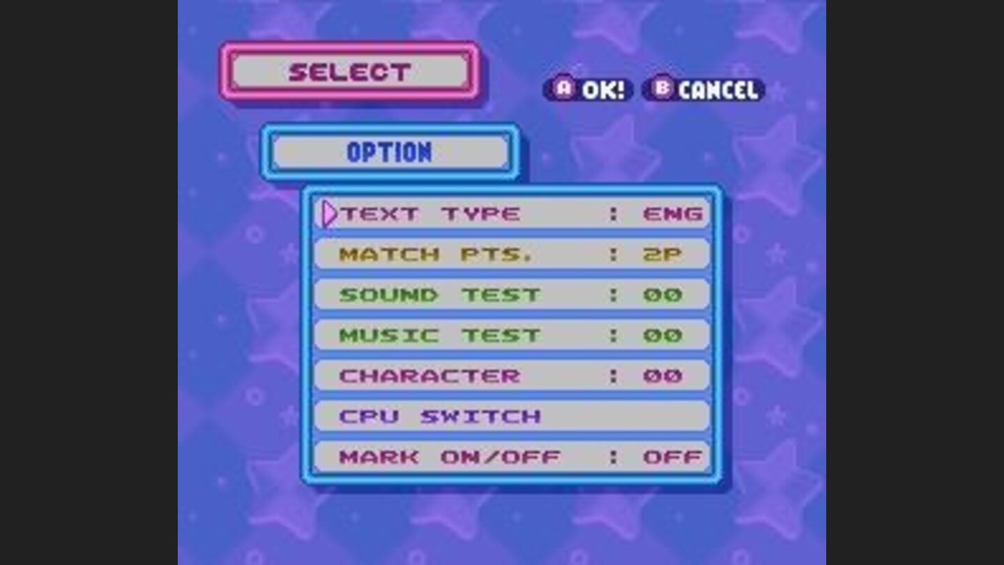 Options screen. It is possible modify some details in the game.