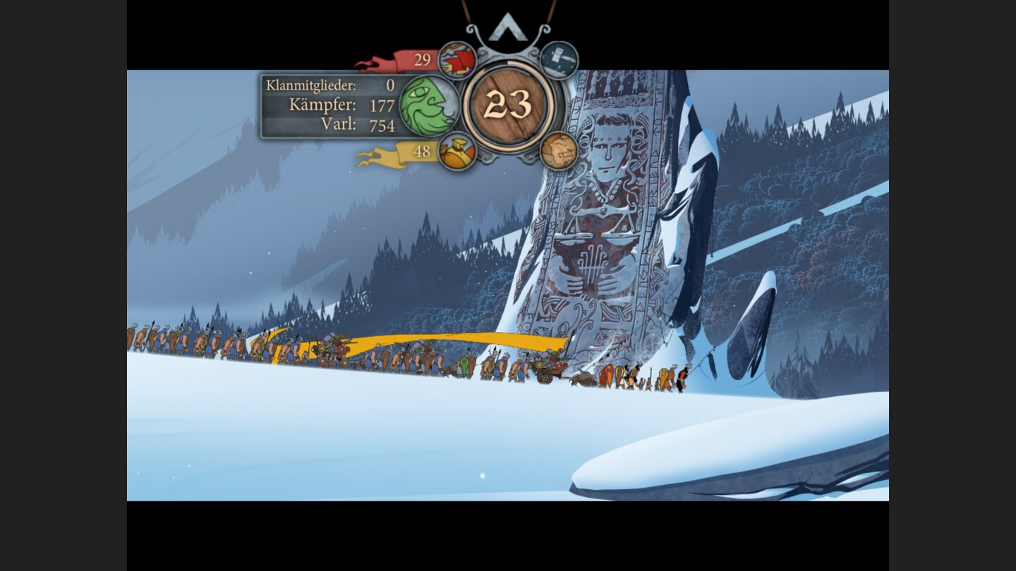 The Banner Saga (iOS)Banner Saga wartet mit schönen Landschaften auf, während wir durch die Gegend ziehen. Hier ist es ein Stein, der einem der toten Götter geweiht ist – und an dem etliche Menschen ihr Leben verloren haben.