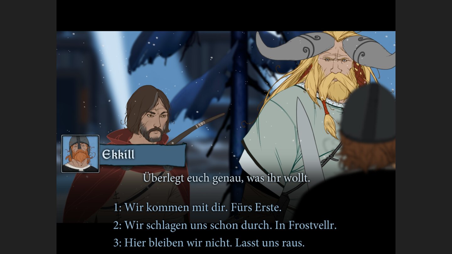 The Banner Saga (iOS)Stadt der Aufrührer: Alle nicht wehrhaften Personen wurden getötet oder aus der Stadt geworfen, rivalisierende Banden kämpfen um die Vorherrschaft. Wollen wir wirklich Partei ergreifen, um Zuflucht hinter den Palisaden zu finden?