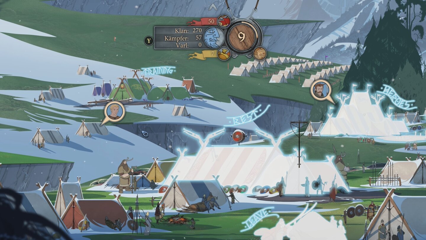 The Banner SagaIm Lager führen Gespräche, verwalten unsere Helden und absolvieren Trainingskämpfe.