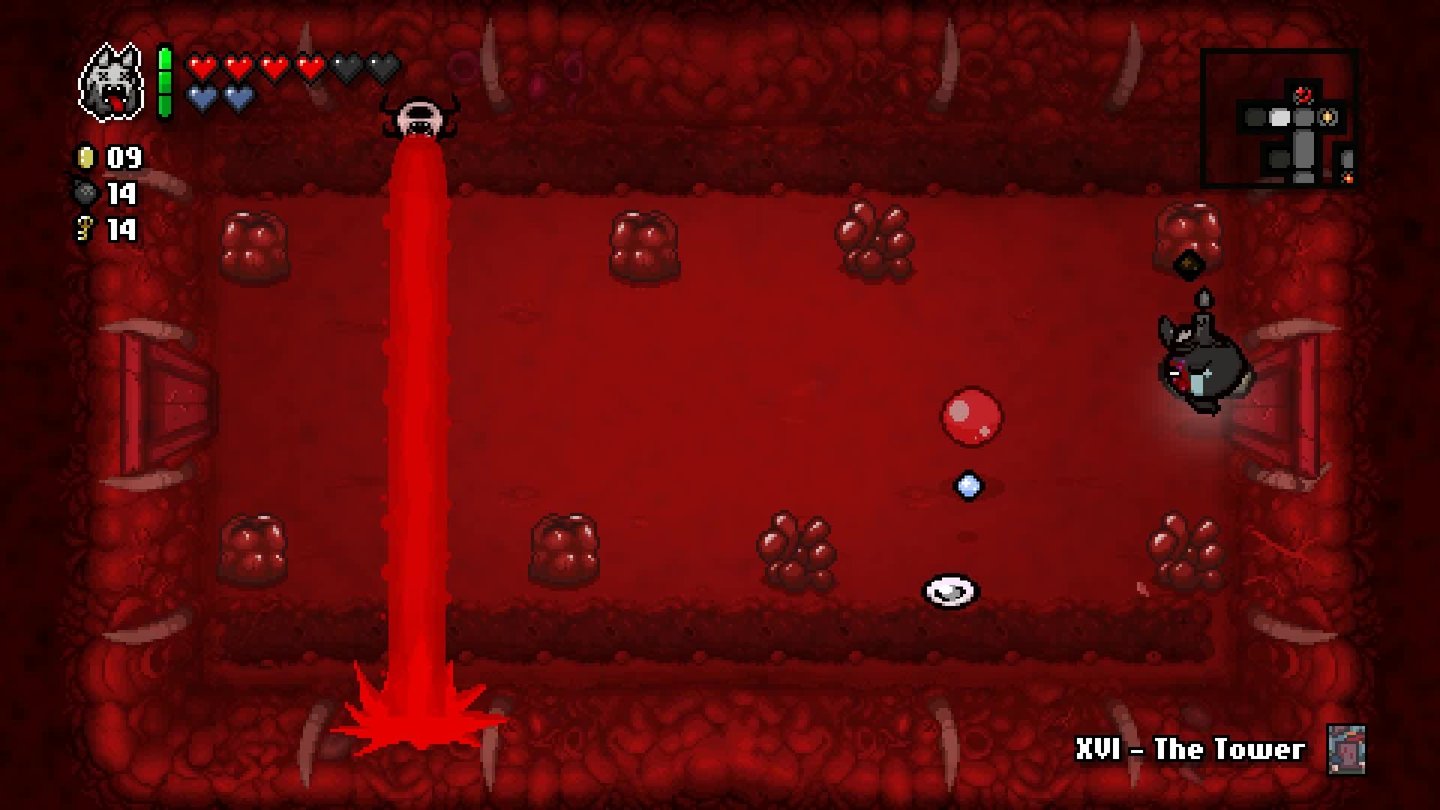 The Binding of Isaac: RebirthSelbst vermeintlich harmlose Gegner, wie diese Wandspinne, können uns mit roten Blutfontänen attackieren.