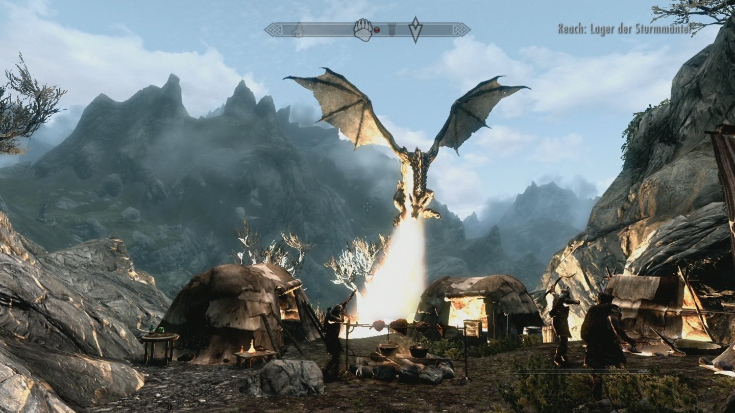 The Elder Scrolls 5: Skyrim (Xbox 360)Wir haben einen Drachen in ein Lager der Sturmmantel-Rebellen gelockt.