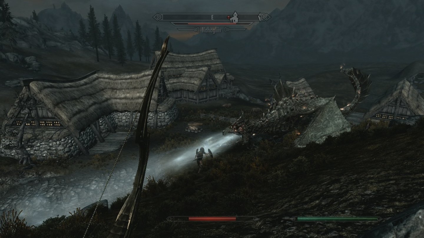 The Elder Scrolls 5: Skyrim (Xbox 360)Ein Drache attackiert einen KI-Soldaten.