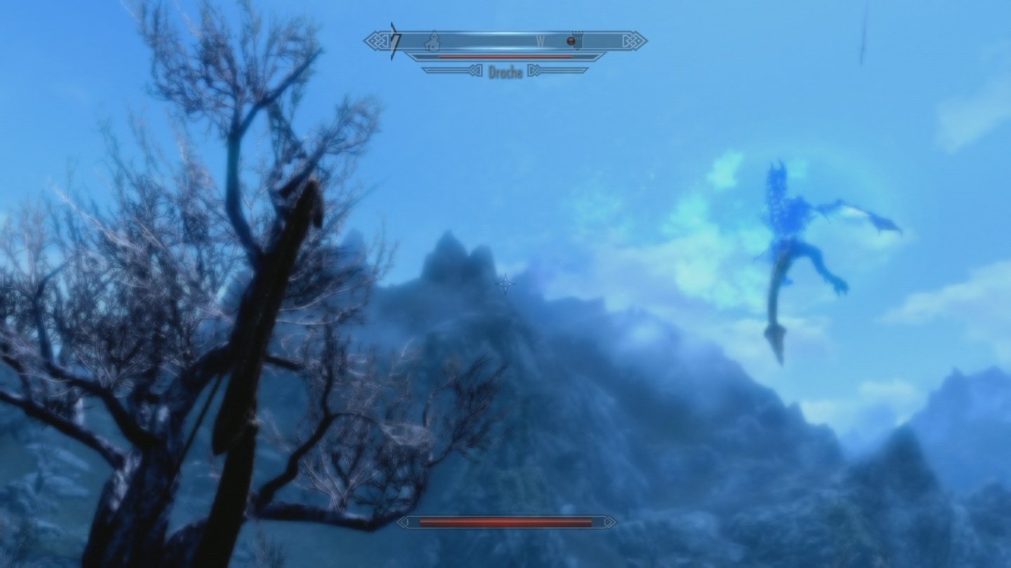 The Elder Scrolls 5: Skyrim (Xbox 360)Mit dem »Drachensturz«-Kampfschrei zwingen wir einen Feuerspucker zur Landung.