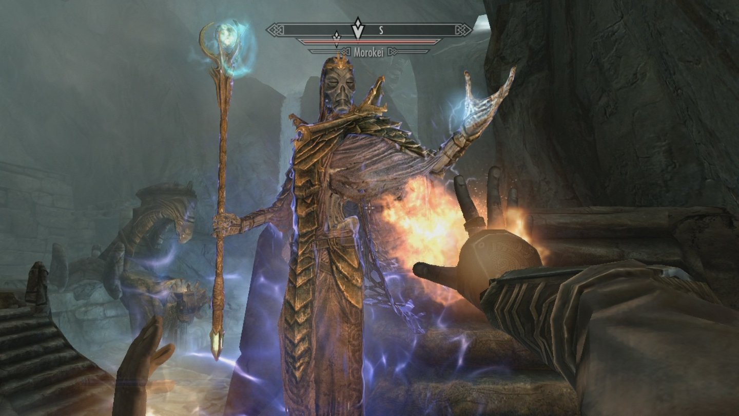 The Elder Scrolls 5: Skyrim (Xbox 360)Während wir mit der linken Hand einen Eisstrahl verschießen, heilen wir uns mit der rechten.