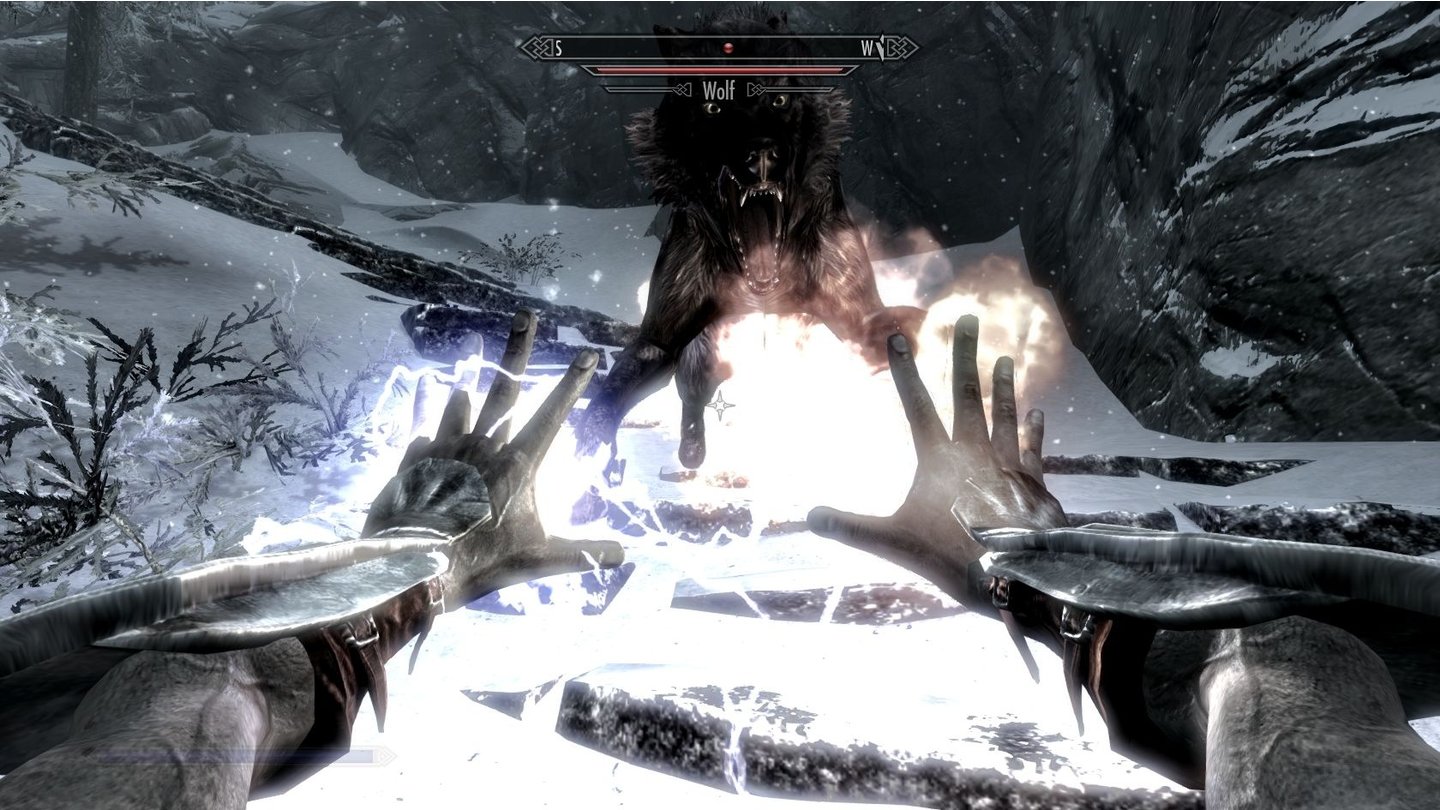 The Elder Scrolls 5: Skyrim (PC-Version)Mit der Kraft von Feuer und Blitzen versuchen wir diesen Wolf von uns fernzuhalten. Ohne Erfolg.