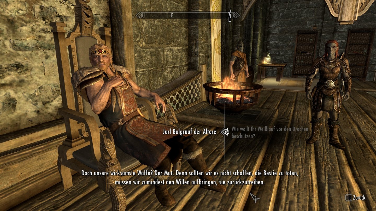 The Elder Scrolls 5: Skyrim (PC-Version)Der Jarl von Weißlauf (links) spielt in der Kampagne eine Schlüsselrolle, bleibt aber so blass wie alle anderen Charaktere.