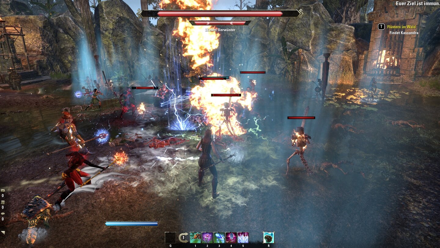 The Elder Scrolls Online: MurkmireNekromant (und Weltboss) Baxilt-Gah verteidigt sich mit einigen Skelettwellen gegen Angreifer.