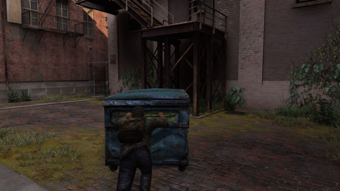 The Last of Us RemasteredManchmal müssen wir Container verschieben oder Leitern bewegen, um höhergelegene Orte zu erreichen.