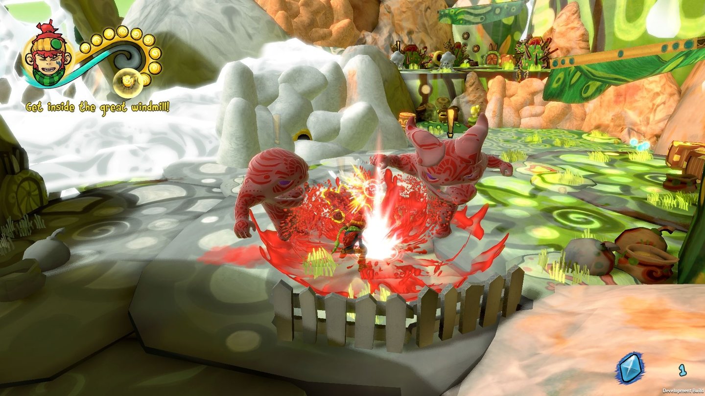 The Last TinkerDie Bleichlinge wollen der Welt alle Farben entziehen, mit seinen roten Spezialangriffen hält Koru die Fieslinge in Schach.