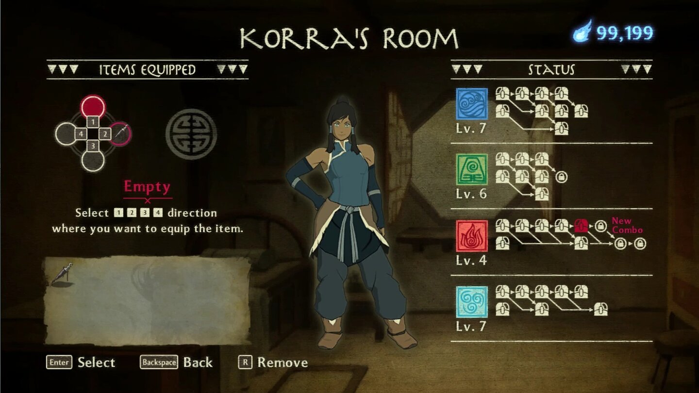 The Legend of KorraUnser recht überschaubares Kombo-Arsenal dürfen wir jederzeit in Korras Zimmer einsehen.