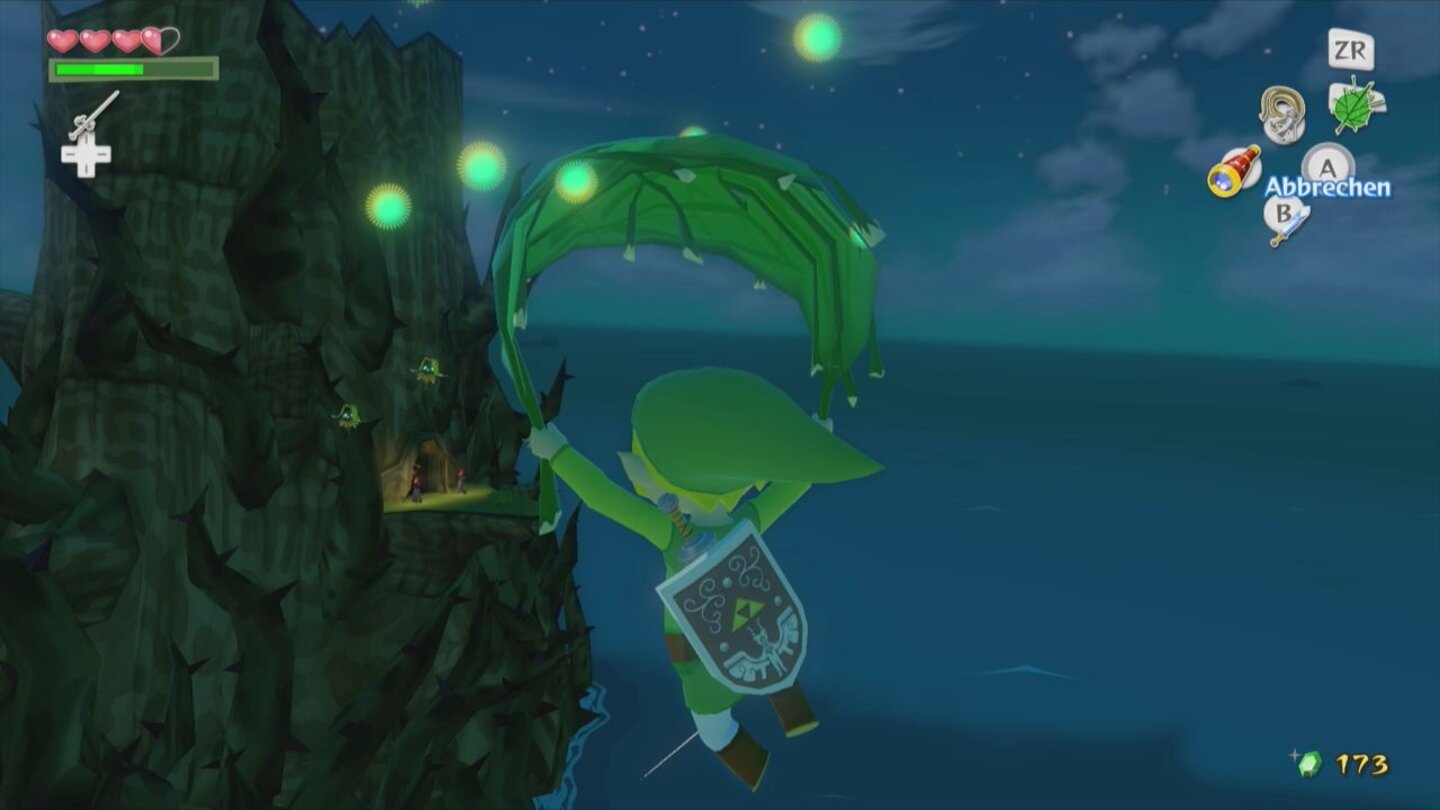 The Legend of Zelda: The Wind Waker HDUnterwegs erhaltet ihr immer wieder neue Items wie das Dekublatt, mit dem ihr wie an einem Gleitschirm durch die Luft segelt und Gebiete erkundet, die vorher unerreichbar waren.