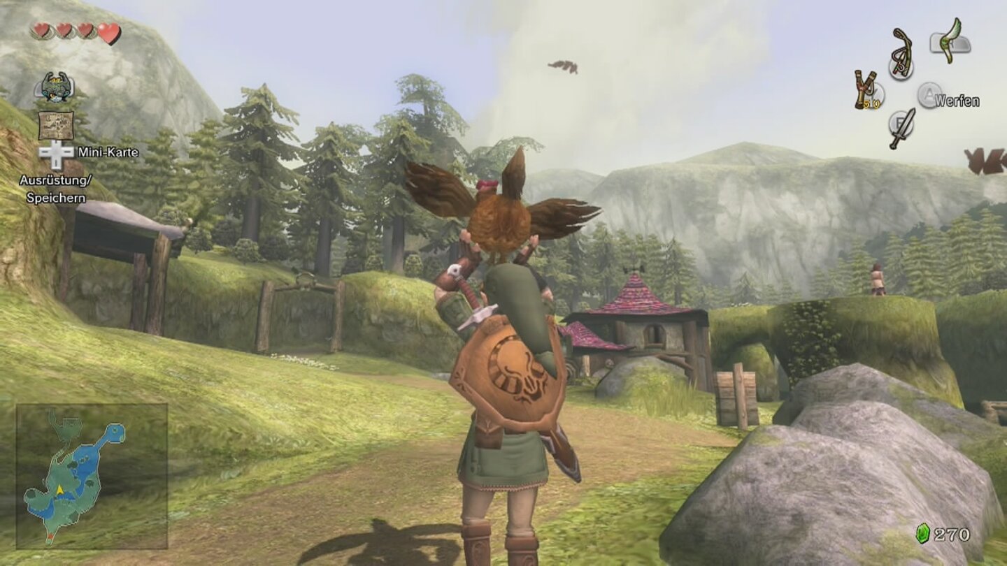 The Legend of Zelda: Twilight Princess HDEine weitere Zelda-Tradition: Hühner. Wer sie hochhebt, kann langsam von Vorsprüngen schweben. Wer sie quält, wird selbst kurzzeitig zum Huhn.