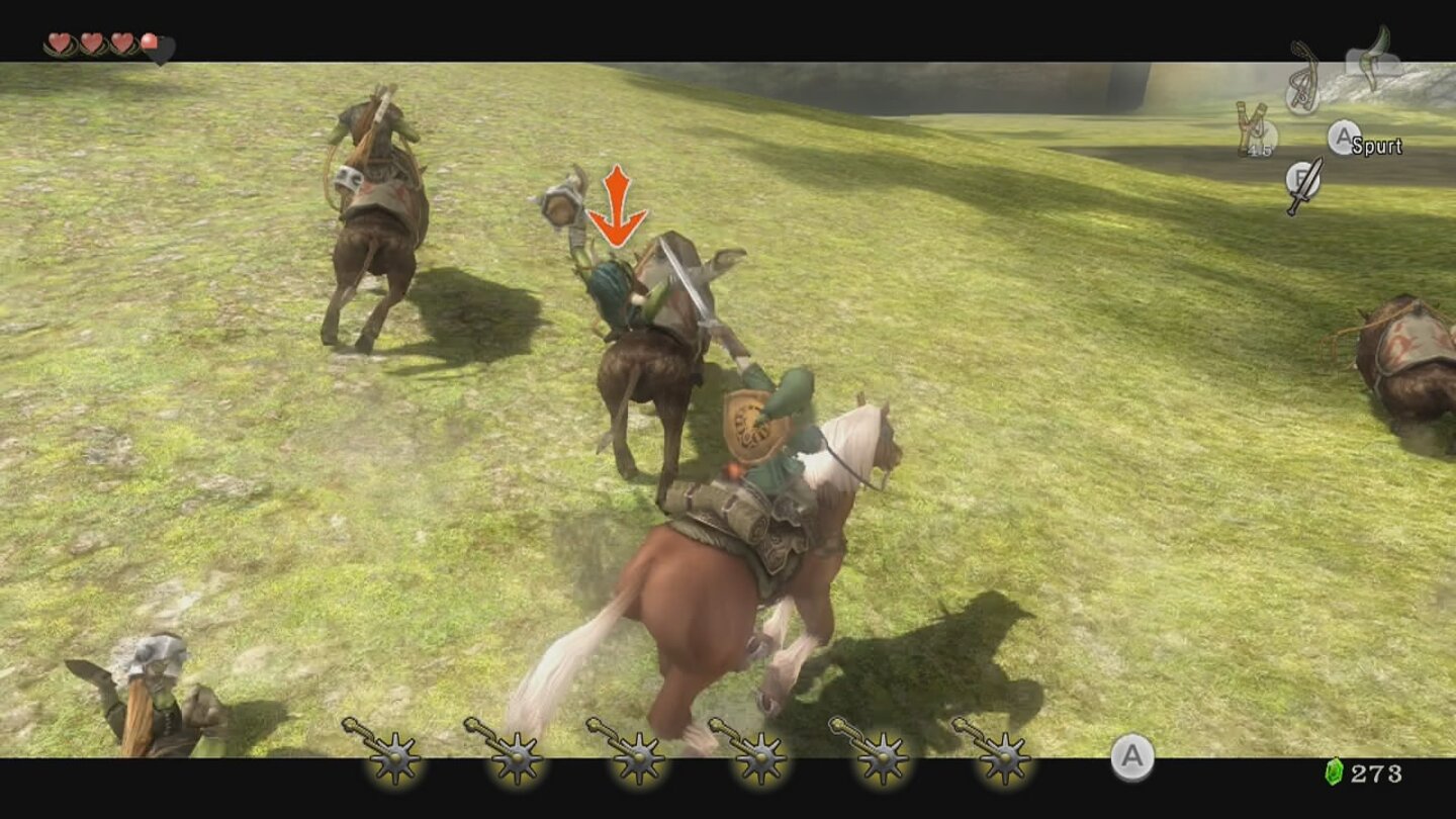 The Legend of Zelda: Twilight Princess HDBerittene Gegner auf der Ebene von Hyrule: Auch von Eponas Rücken aus muss Link ordentlich die Klinge schwingen.