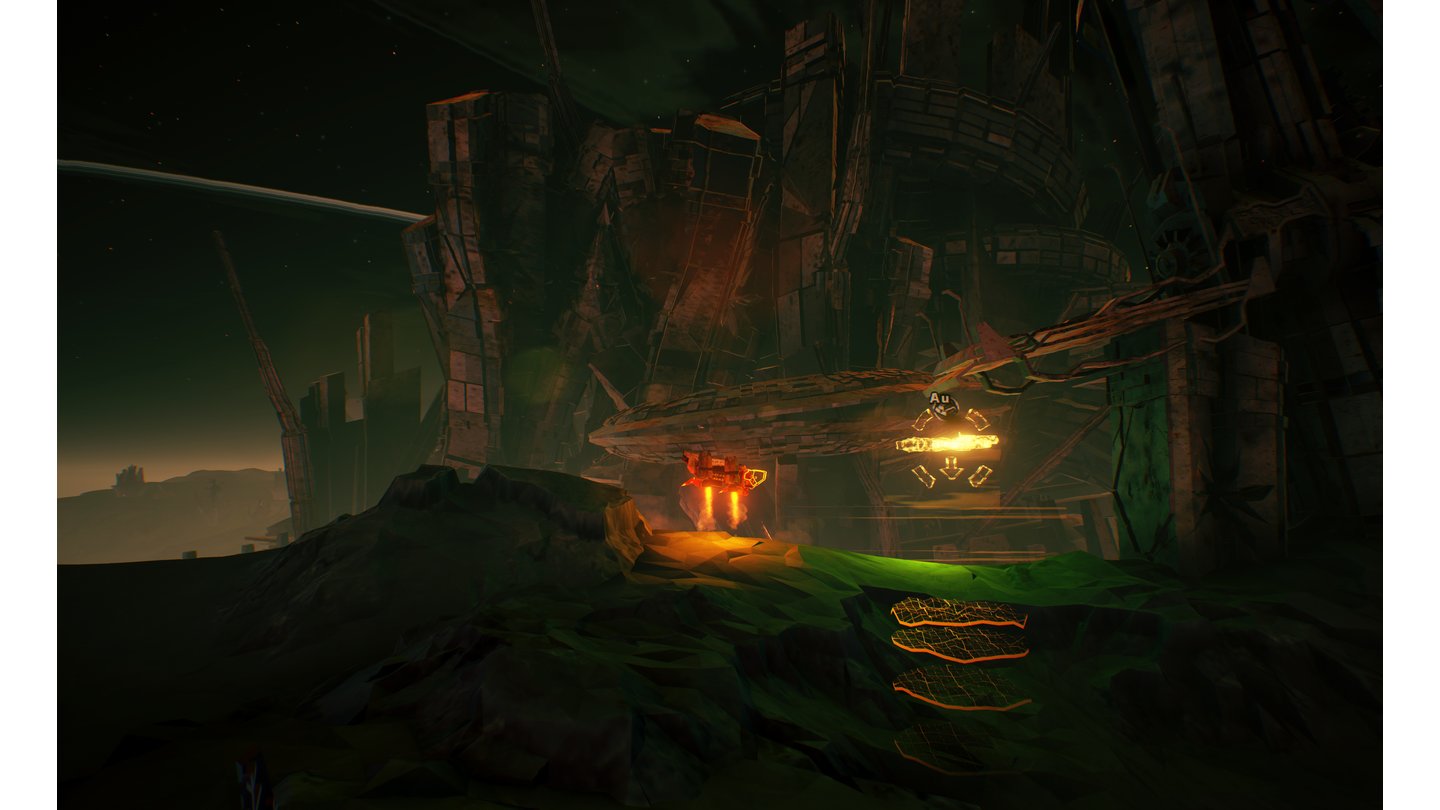 The Long Journey HomeMit dem winzigen Lander erkunden einzelne Crew-Mitglieder die Planetenoberflächen, hier zum Beispiel eine Ruinen-Landschaft.