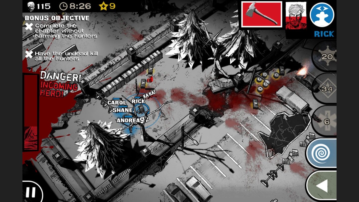 The Walking Dead: Assault
Wenn man selbst Krawall macht, füllt sich die bedrohliche Anzeige am linken Bildrand...