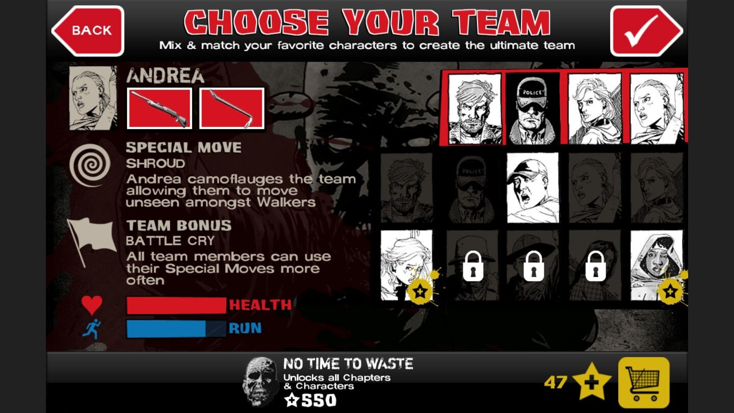 The Walking Dead: Assault
Nach jeder Mission können wir mit gesammelten Ressourcen einen neuen Charakter freischalten.
