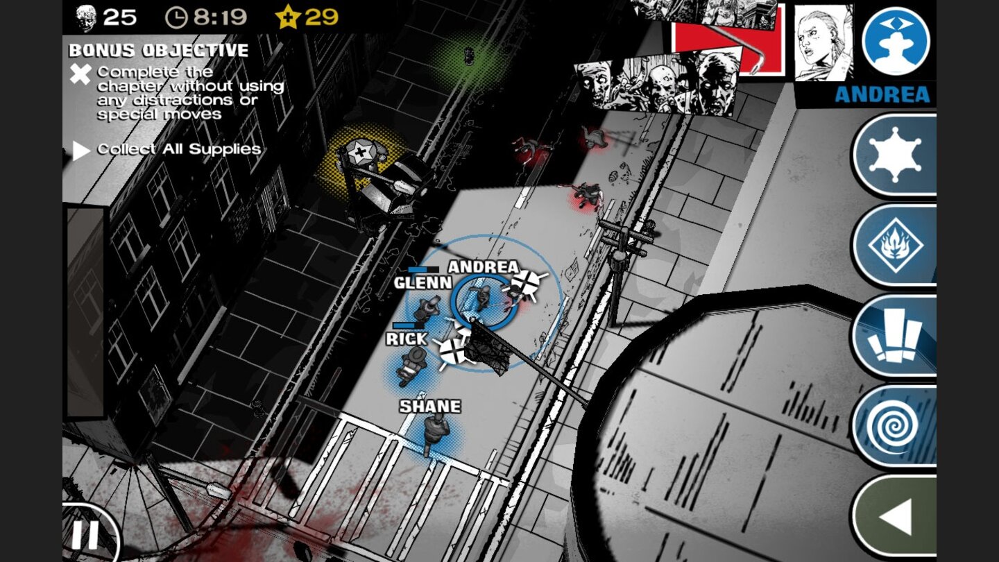 The Walking Dead: Assault
Wenn Zombies überraschend aus Häusern hervorbrechen wird das durch Krawall und Comic-Bilder angekündigt.