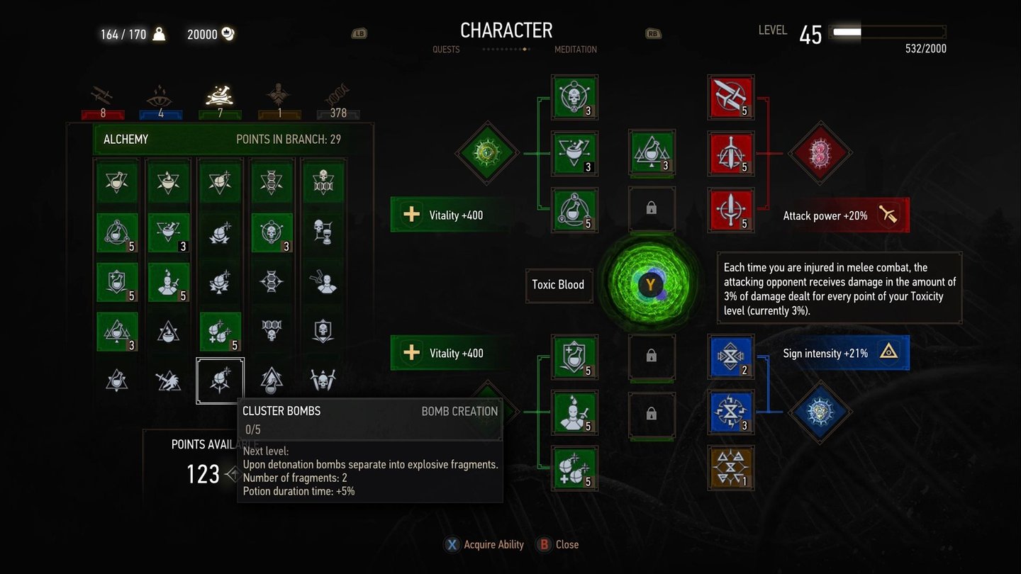 The Witcher 3: Blood and WineIm Charakterbildschirm wählen wir nun auch eine der neuen Mutationen und schalten bis zu vier weitere Fertigkeitenslots frei.