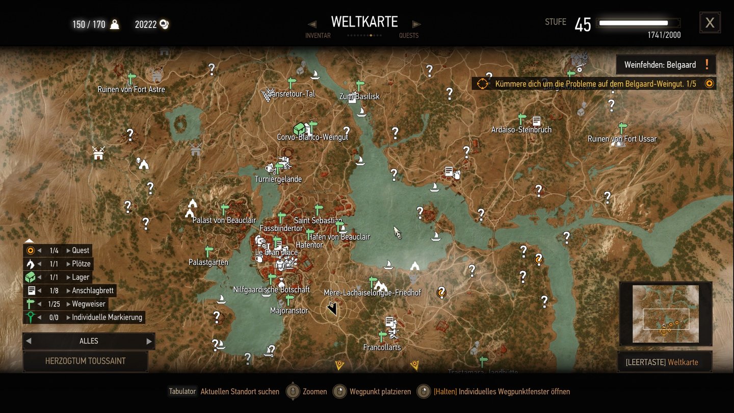 The Witcher 3: Blood and WineDie Karte lässt sich nun weiter hinauszoomen und zeigt und rechts immer eine Übersicht des kompletten Gebiets an.