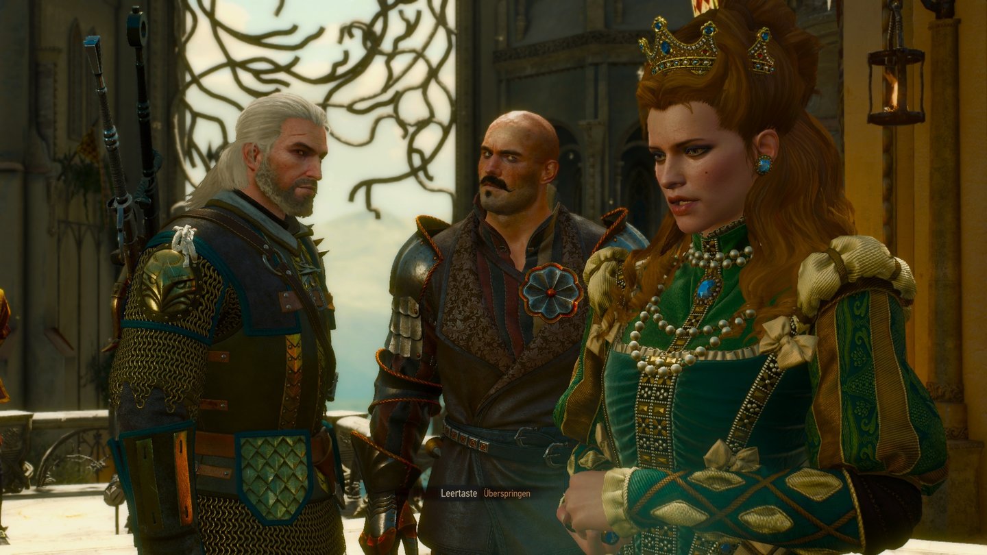 The Witcher 3: Blood and WineFürstin Anna Henrietta berät mit Geralt und ihrem Hauptmann der Wache, wie dem Monster von Toussaint beizukommen ist.