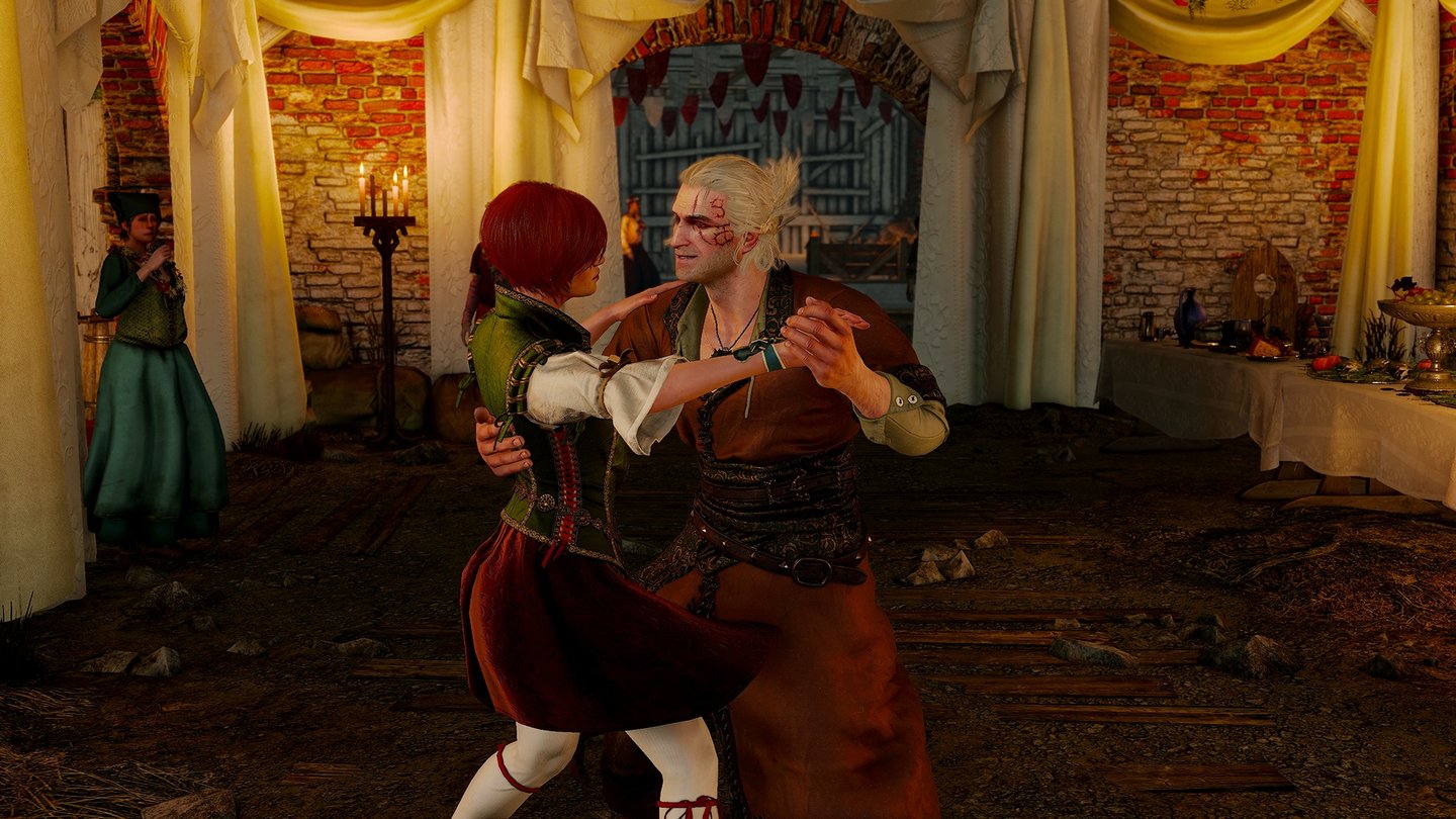 The Witcher 3: Hearts of StoneNettes Detail: Solange Geralt vom Möchtegern-Casanova Vlodimir besessen ist, weicht sein stoischer Gesichtsausdruck einem anzüglichen Grinsen.