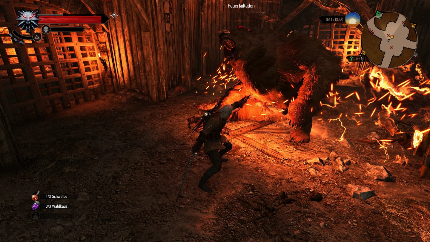 The Witcher 3: Wild Hunt (4K)Neben allerlei übernatürlichem Viehzeug muss Geralt manchmal auch einfach einem gewöhnlichen Bären auf die Nase geben.