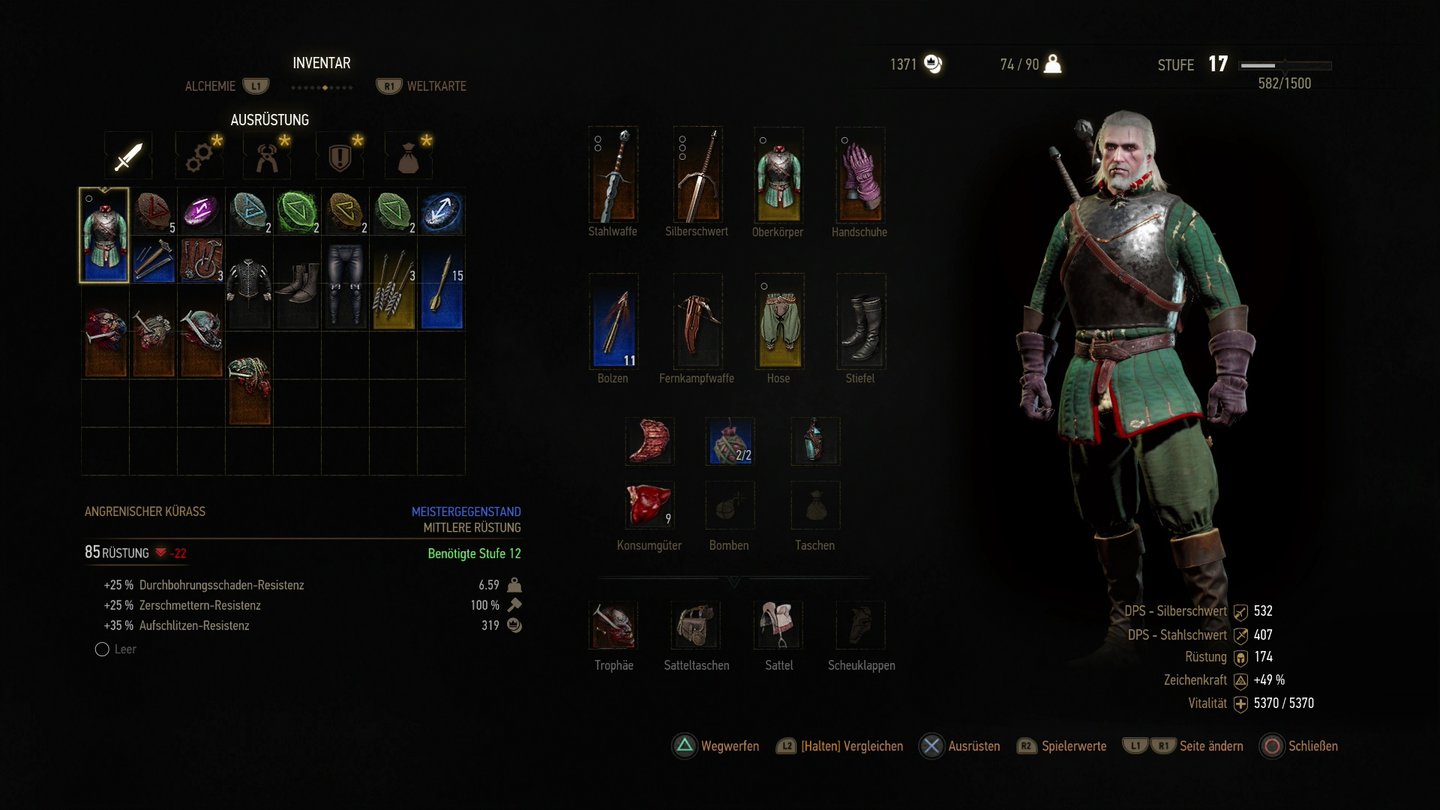 The Witcher 3: Wild HuntIm Inventar rüsten wir Geralt aus, in Waffen und Klamotten mit Sockeln (kleinen Kreisen) dürfen wir zudem bonusbringende Runensteine einsetzen.