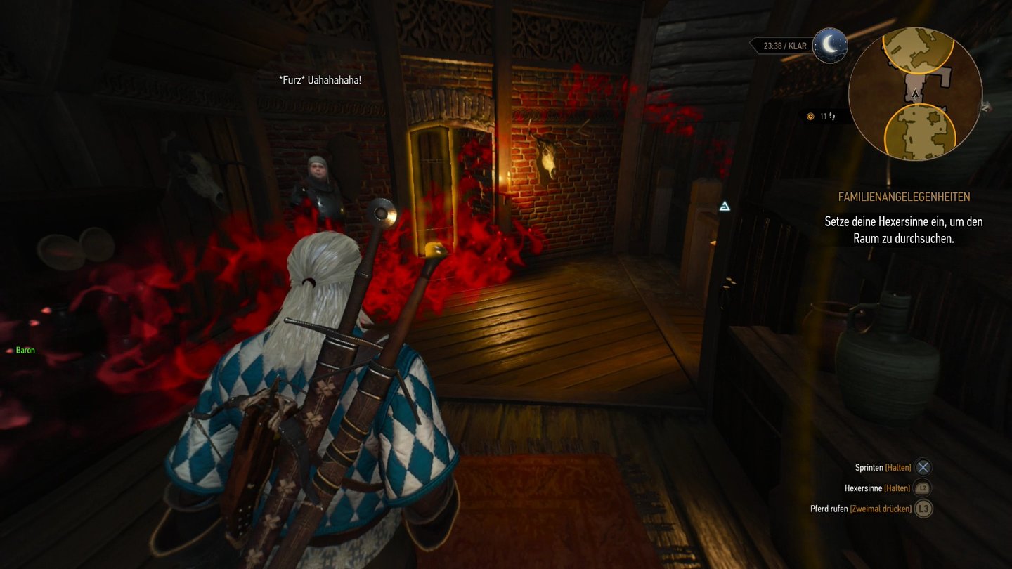 The Witcher 3: Wild HuntIn der Hexersicht deckt Geralt Spuren auf, hier folgen wir einem Geruch. Der übrigens nichts mit dem Spruch der Wache zu tun hat.