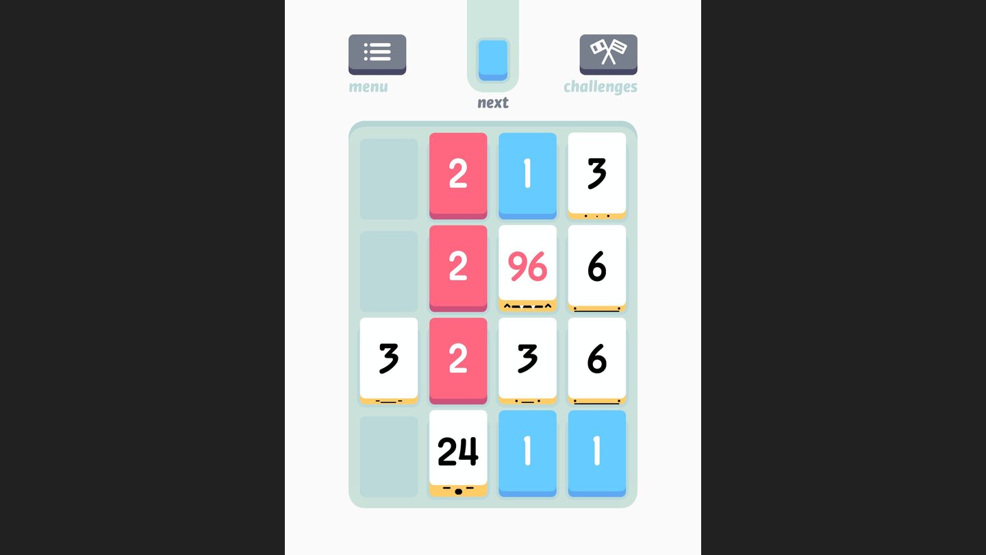 Threes!Auf einem iPad-Screen sind die Karten natürlich größer, das macht das Feld aber nicht unbedingt übersichtlicher.