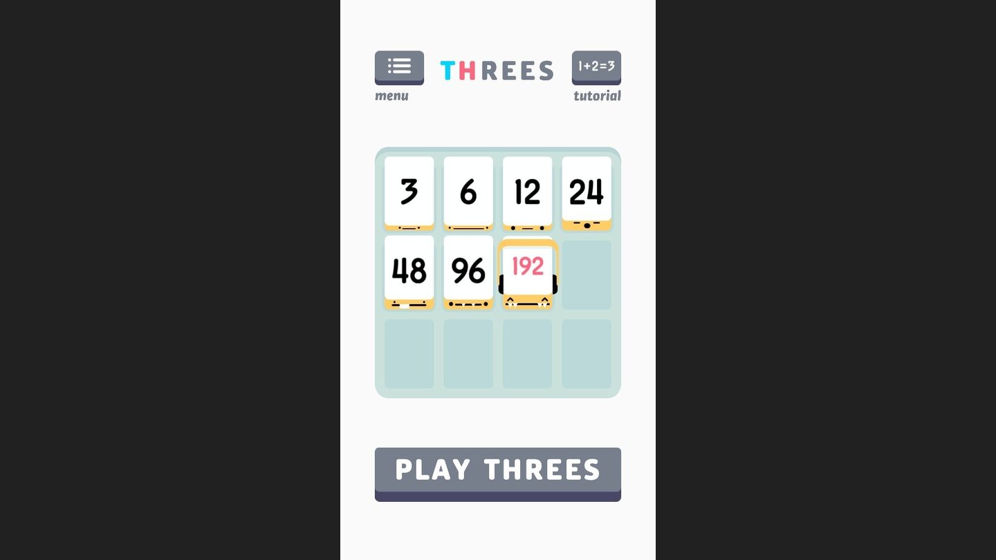 Threes!Gemein! Im Hauptmenü zeigt Threes! als Motivation die höchste bisher erreichte Kombination – bei uns ist da noch Luft nach oben.