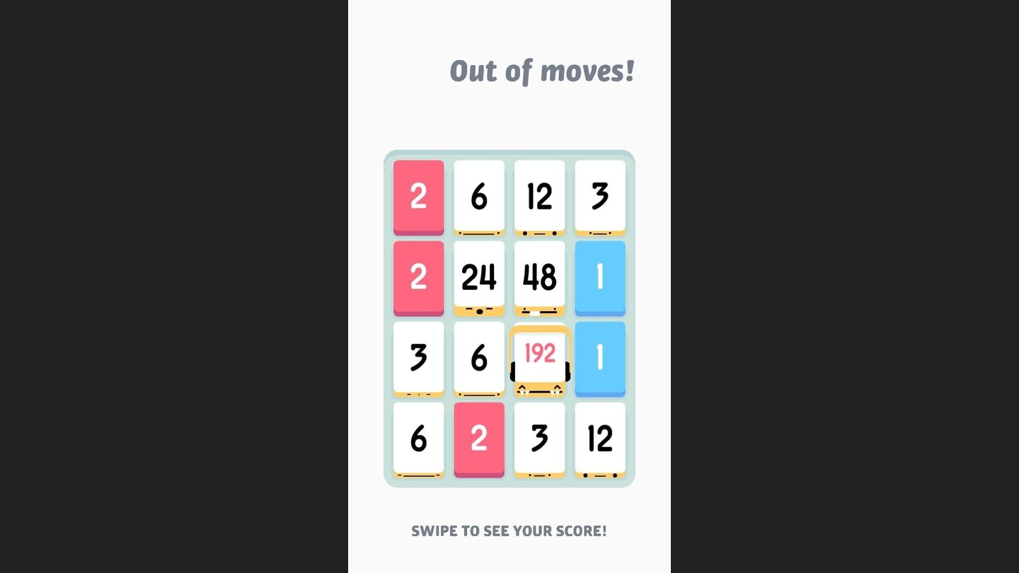 Threes!Na Bravo! Beim Versuch, den 192er zu erzeugen, haben wir das restliche Feld mit Kleinzeug zugemüllt sind jetzt am Ende.