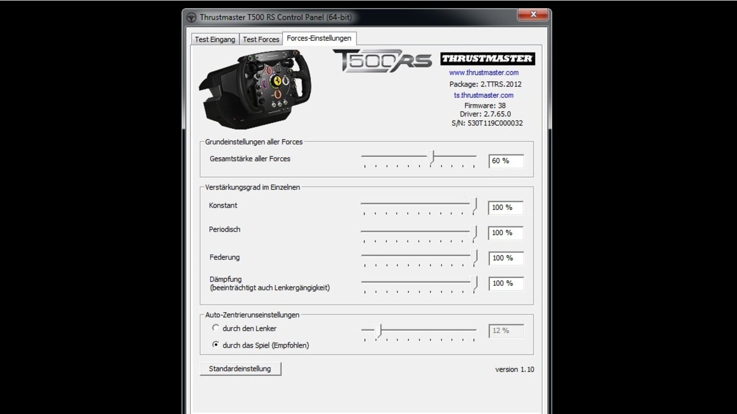 Im dritten Reiter justieren Sie mit sechs Schiebereglern die Force-Feedback-Kräfte. Am wichtigste ist hier die Gesamtstärke, über die wir die Intensität sehr fein festlegen dürfen. In allen Reitern stehen oben rechts noch die Versionsnummern des Treibers und der Firmware sowie die Seriennummer des Lenkrads.