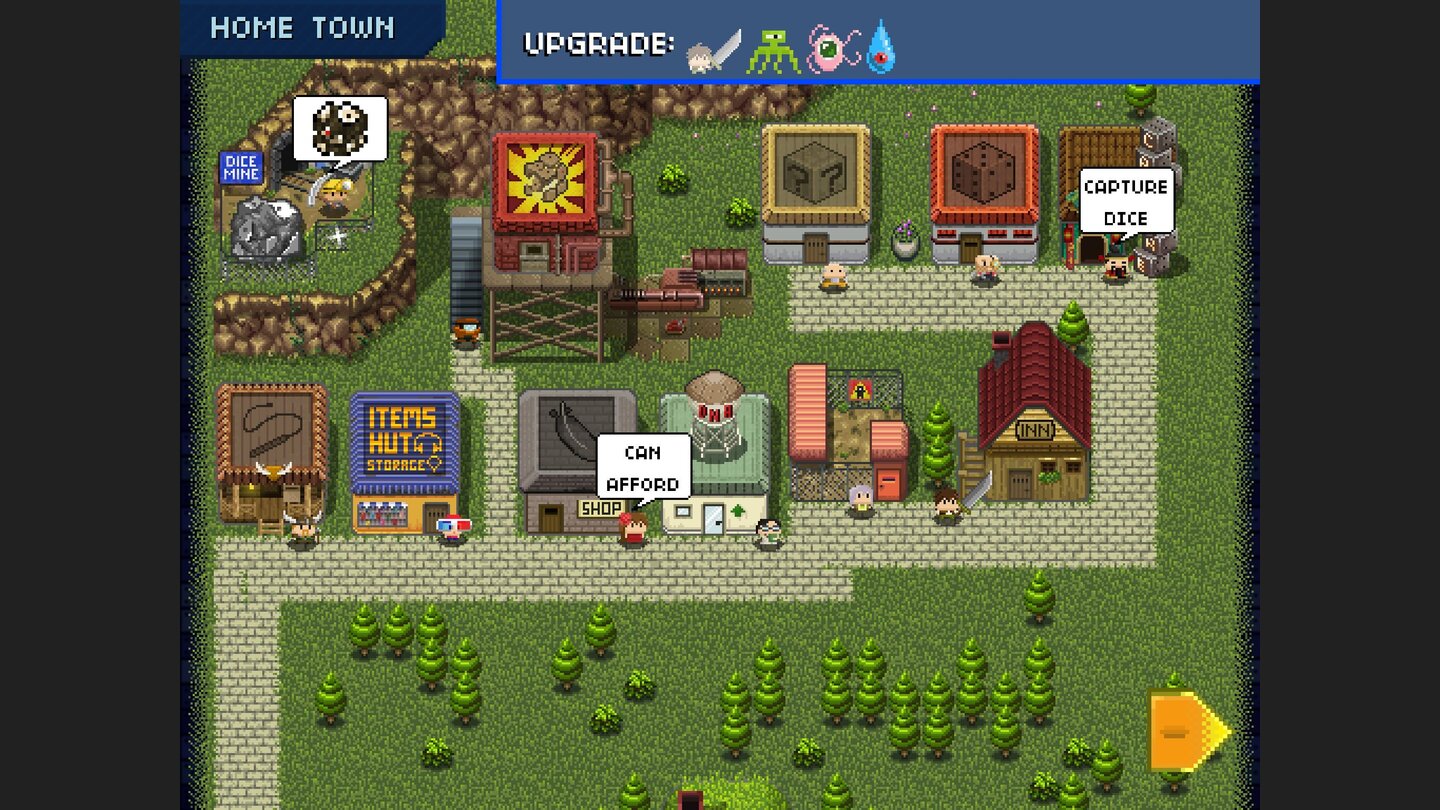 Tiny Dice DungeonRefugium der Menschen: Die Siedlung bauen wir nach und nach auf und schalten damit Gegenstände und andere Optionen frei.