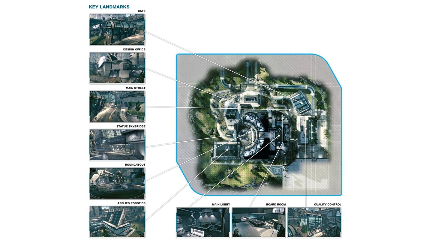 Titanfall - Karte »Corporate«Eine enge und verwinkelte Map mit vielen Nahkämpfen. Hier ist Kontrollpunkt B in der Lobby ebenfalls der Schauplatz der intensivsten Gefechte.