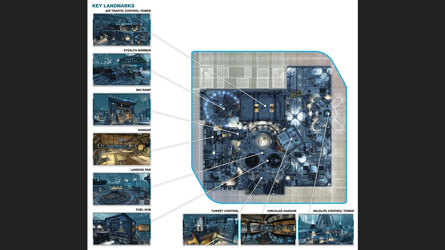 Titanfall - Karte »Airbase«Trotz vieler offener Bereiche finden Piloten auf Airbase genug Deckung. Den Geschützturm zu hacken und Feinde in seine Reichweite zu locken, ist eine gute Taktik.