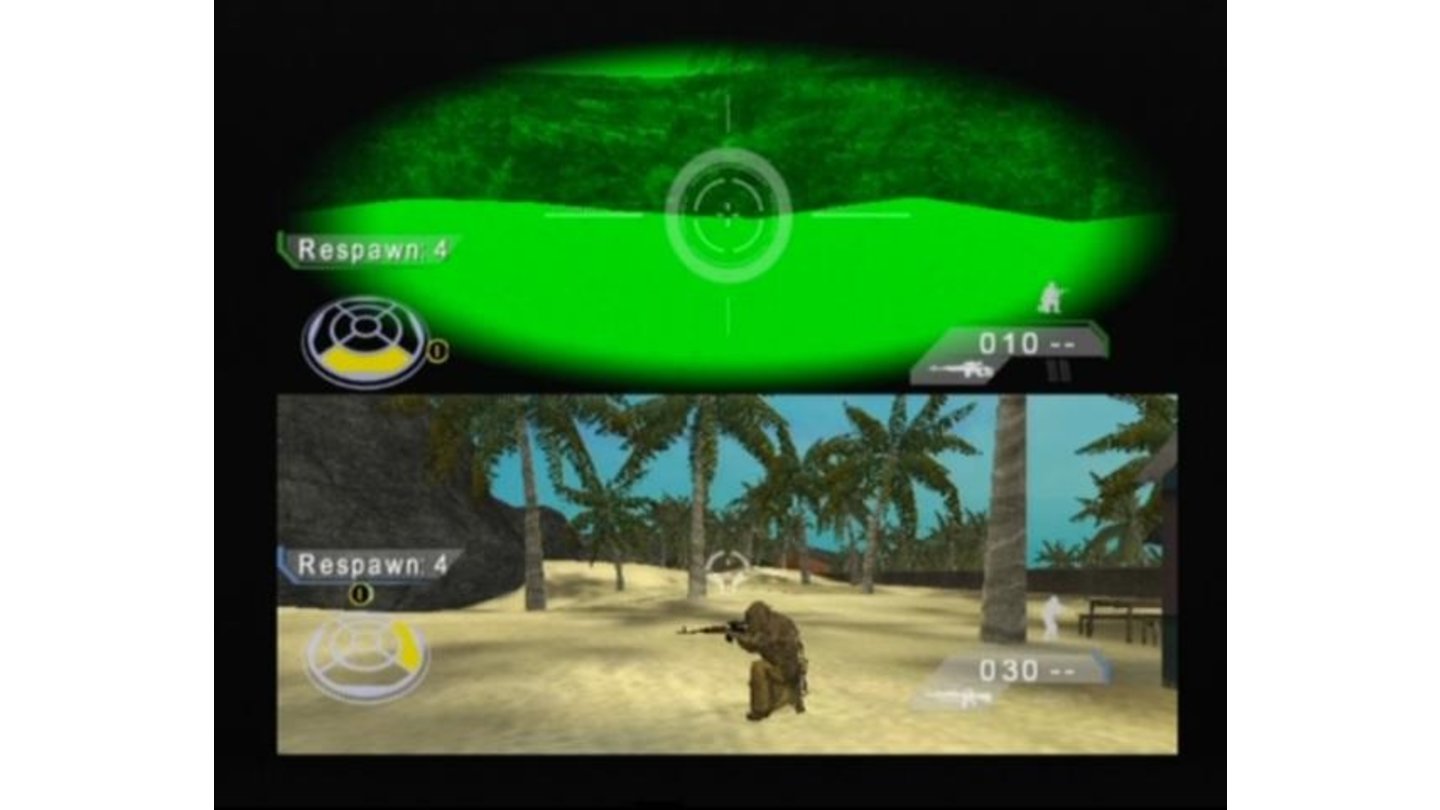 Two player split screen mode in action (note how night-vision is stretched now)