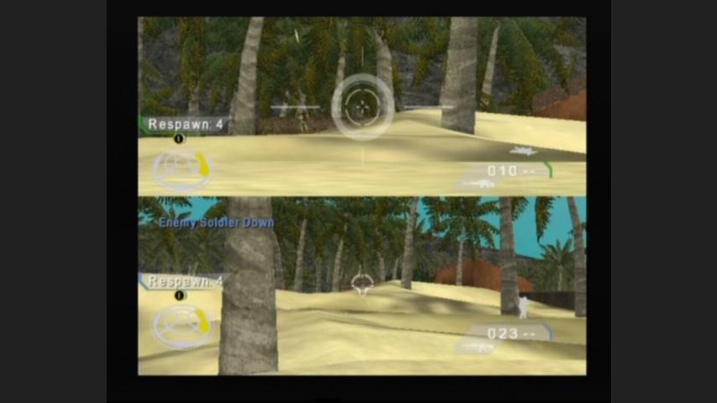 Player 1 (upper screen) is watching an enemy soldier through the sniper, while player 2 (lower screen) is using machine gun to mow him down from the right flank