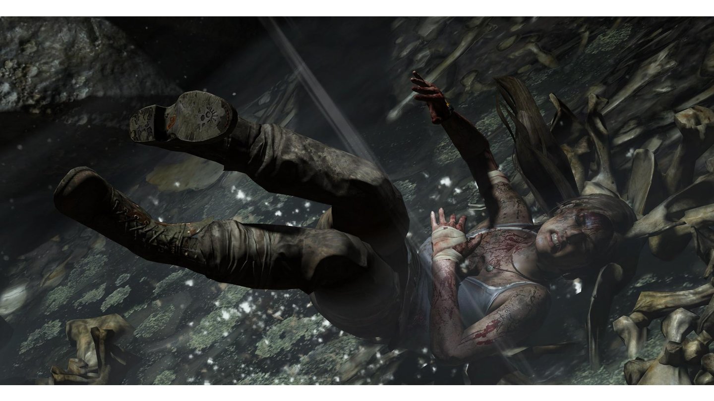 Tomb RaiderBei einem Sturz zeichnen sich die Schmerzen auf Laras Gesicht deutlich ab.