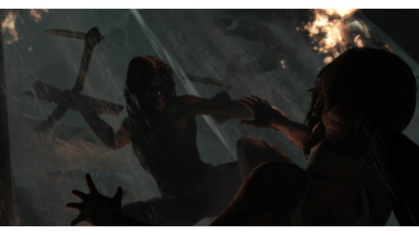 Tomb RaiderDie Heldin findet sich gleich zu Beginn des Spiels einem unbekannten Feind ausgeliefert. Waffen? Fehlanzeige.